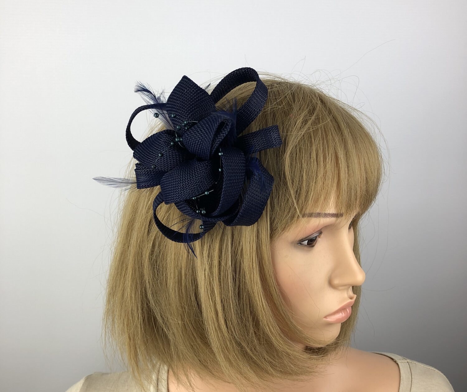 Navy Blue Fascinator Navy Bead & Feathers