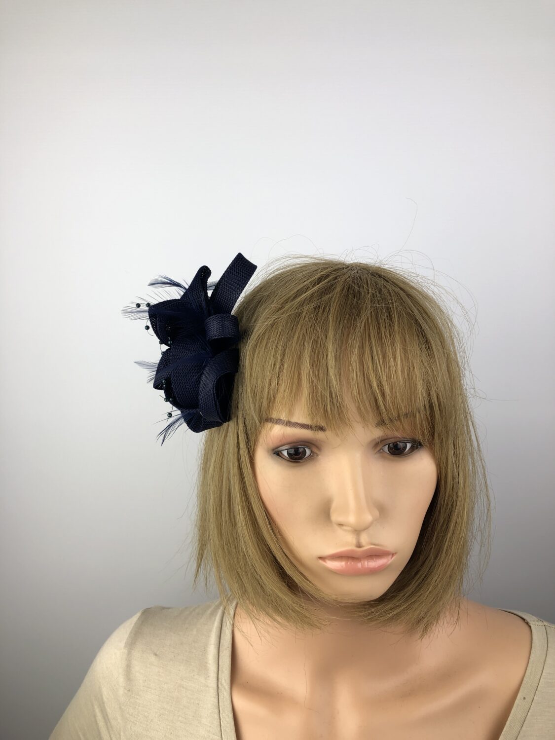 Navy Blue Fascinator Navy Bead & Feathers - Image 3