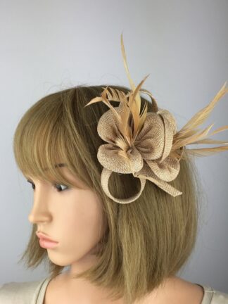 Sandy Gold Fascinator Flower with Biot Feathers