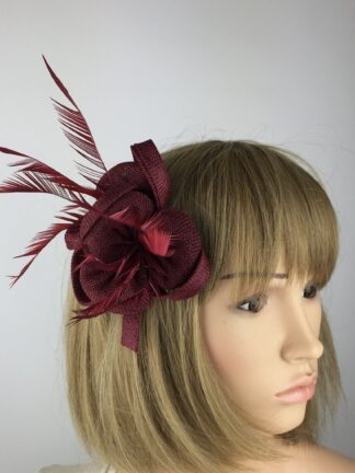 Burgundy Fascinator Flower with Biot Feathers