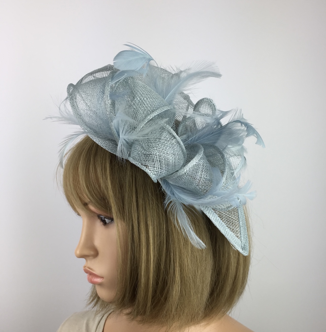 Elegant Pale Blue Teardrop Fascinator with Sinamay Loops & Feathers - Image 3
