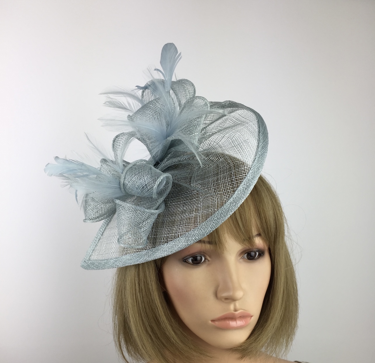 Elegant Pale Blue Teardrop Fascinator with Sinamay Loops & Feathers - Image 2