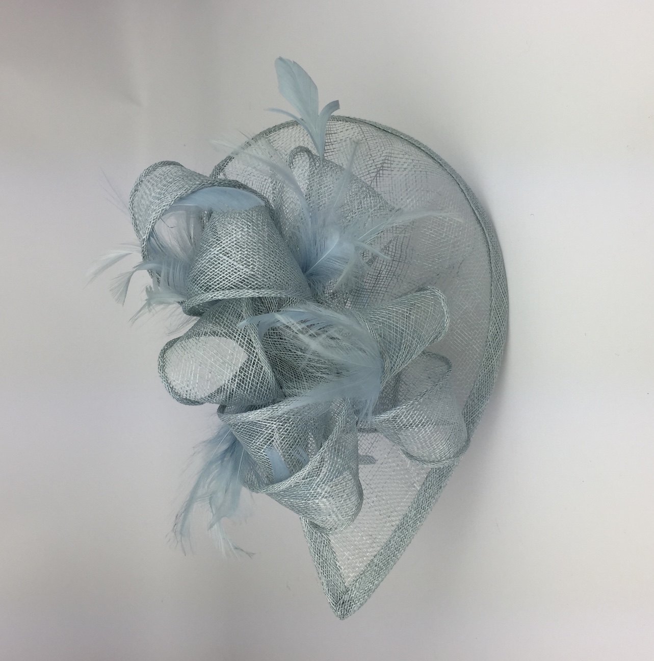 Elegant Pale Blue Teardrop Fascinator with Sinamay Loops & Feathers - Image 5