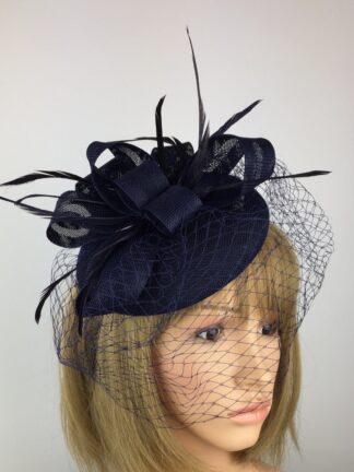 Navy Blue Fascinator Pillbox Fascinator Hat with Face Veil