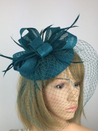 Teal Pillbox Fascinator with Veil & Biot Feathers