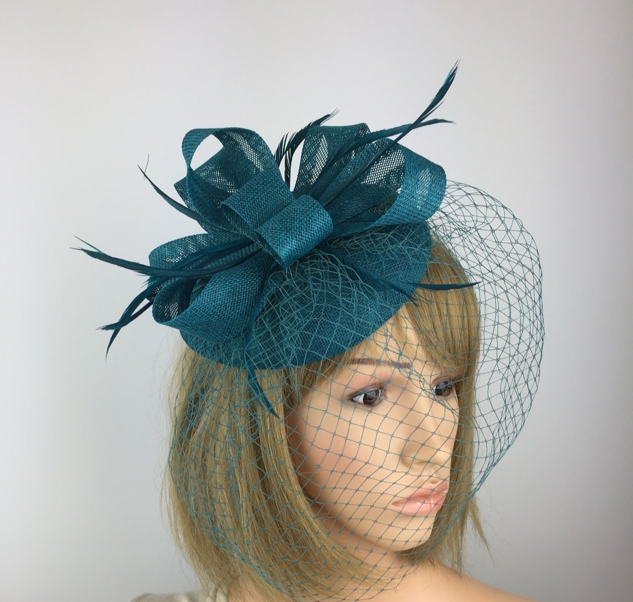 Teal Pillbox Fascinator with Veil & Biot Feathers