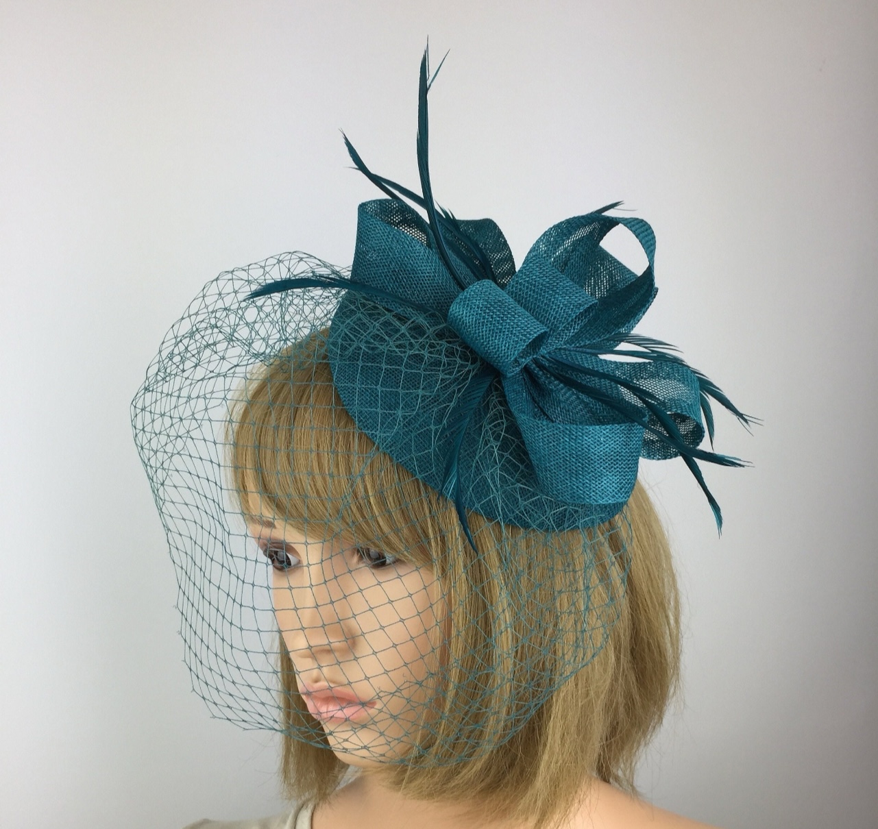 Teal Pillbox Fascinator with Veil & Biot Feathers - Image 3