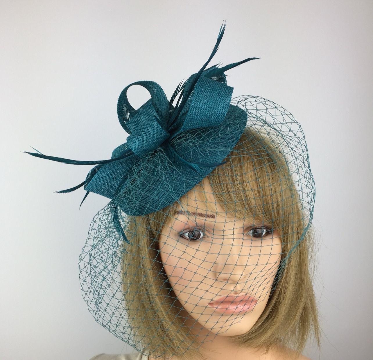 Teal Pillbox Fascinator with Veil & Biot Feathers - Image 2