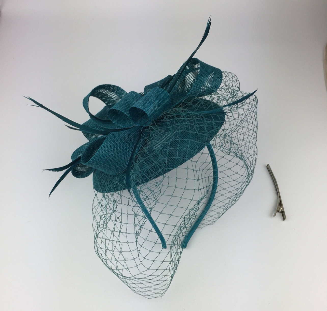 Teal Pillbox Fascinator with Veil & Biot Feathers - Image 6