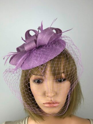 Lilac Fascinator with Veil & Biot Feathers