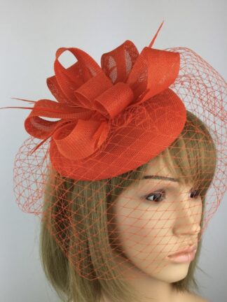 Orange Pillbox Fascinator with Veil & Biot Feathers