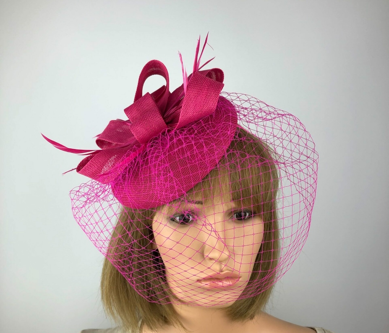 Pink Pillbox Fascinator with Veil & Biot Feathers