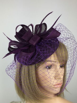 Purple Pillbox Fascinator with Veil & Biot Feathers