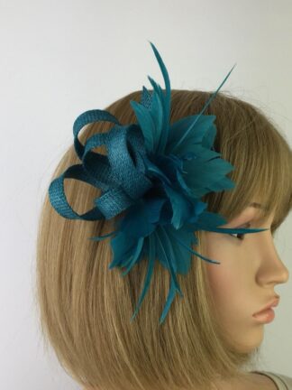 Teal Feather Flower Fascinator Clip – Hair Clip or Brooch