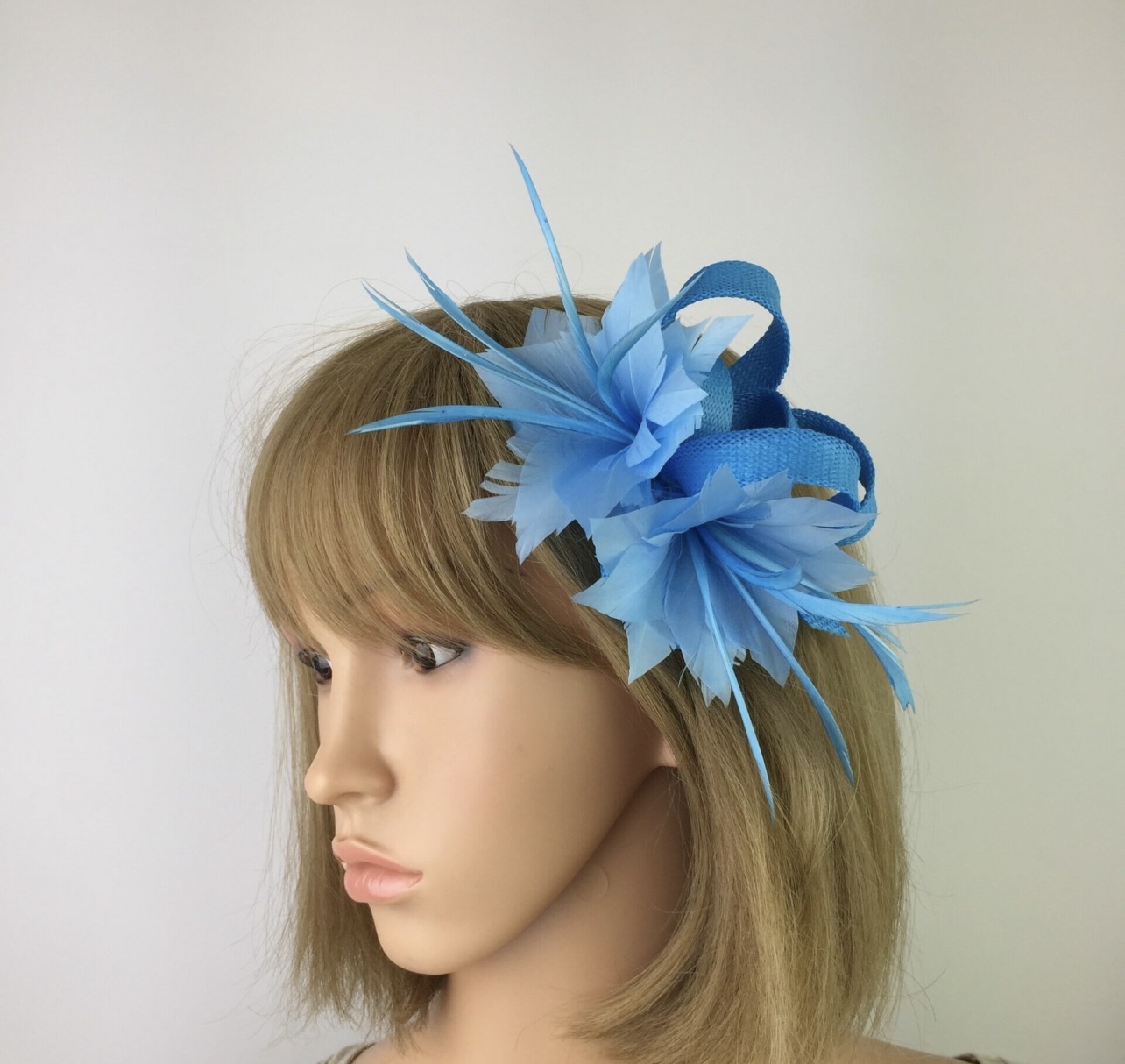 Sky Blue Feather Flower Fascinator Clip - Image 2