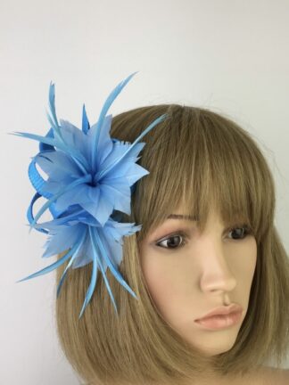 Sky Blue Feather Flower Fascinator Clip