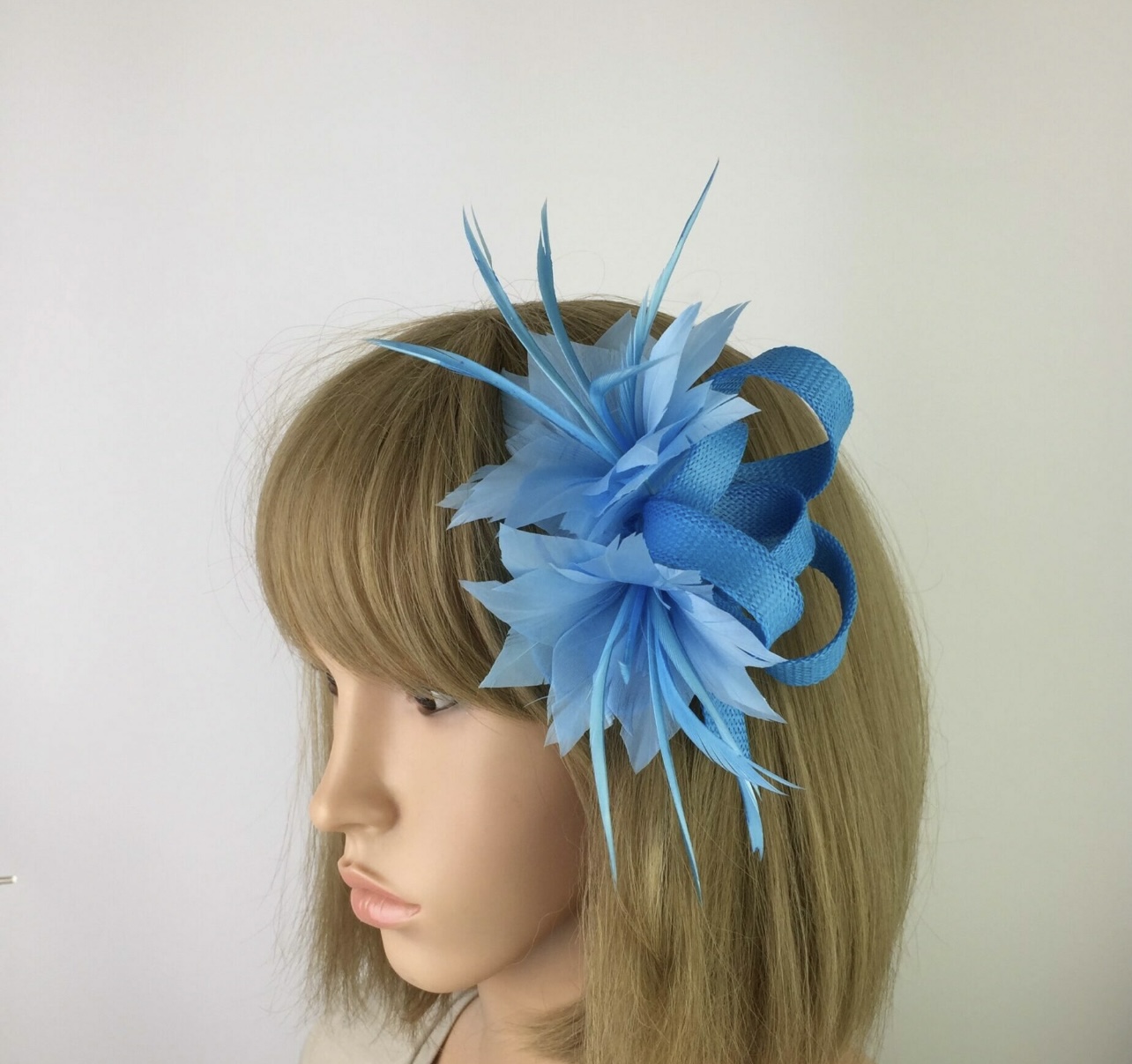 Sky Blue Feather Flower Fascinator Clip - Image 4