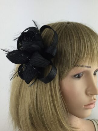 Black Sinamay Flower Fascinator with Beads & Feathers – Clip or Brooch