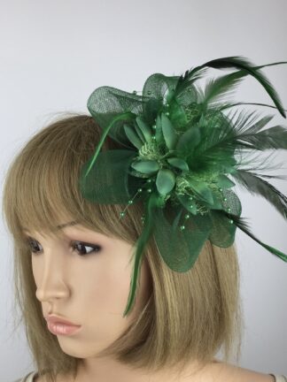 Forest Green Flower Fascinator with Beads & Feathers