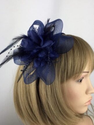 Navy Blue Fascinator Navy Crin Loops Feathers & Beads