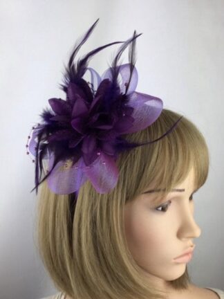 Purple Fascinator Hair Flower with Pearls & Feathers – Floral Crinoline Headpiece for Weddings & Race Day