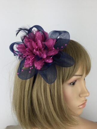 Navy Blue & Fuchsia Pink Floral Fascinator – Wedding, Race Day & Ascot Headpiece