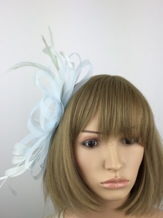 Pale Blue Bow Fascinator with Loops and Feathers