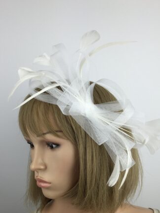 White Bow Fascinator with Loops and Feathers