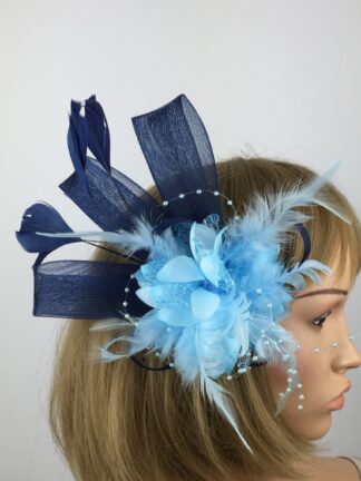Navy Blue & Light Blue Fascinator with Beaded Flower & Feathers