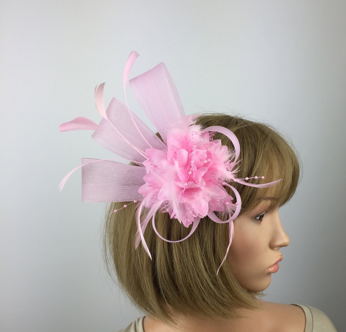 Pink Fascinator Pink Crin Flower Feathers and Beads