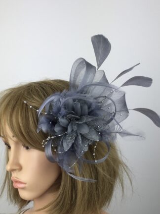 Grey Fascinator Grey Crin Flower Feathers and Beads