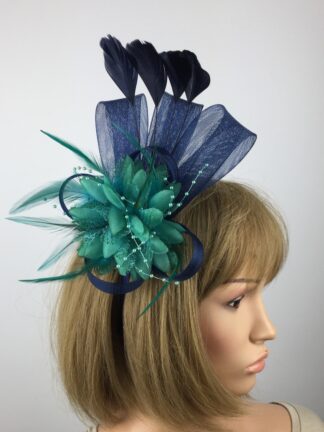 Navy Blue & Teal Fascinator with Beaded Flower