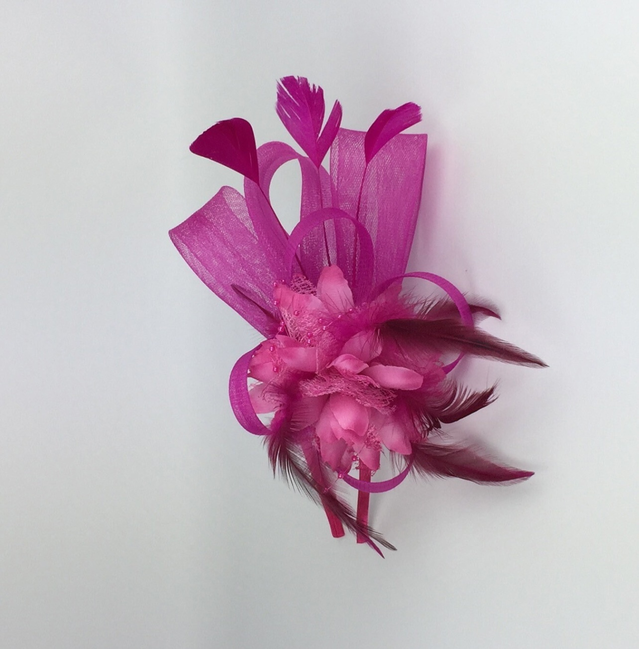 Fuchsia Pink Fascinator with Beaded Flower & Feathers - Image 4