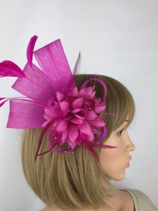Fuchsia Pink Fascinator with Beaded Flower & Feathers