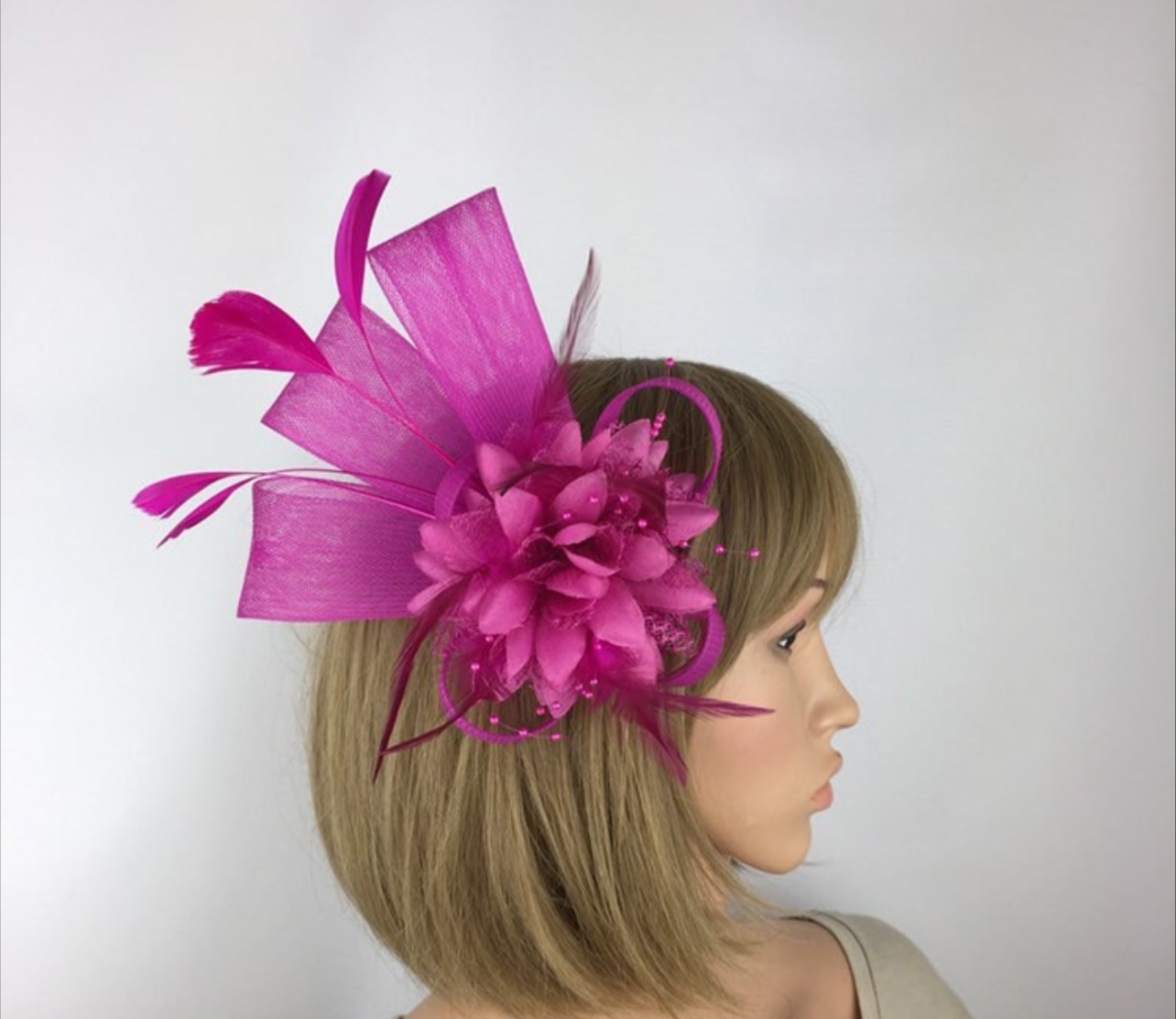 Fuchsia Pink Fascinator with Beaded Flower & Feathers