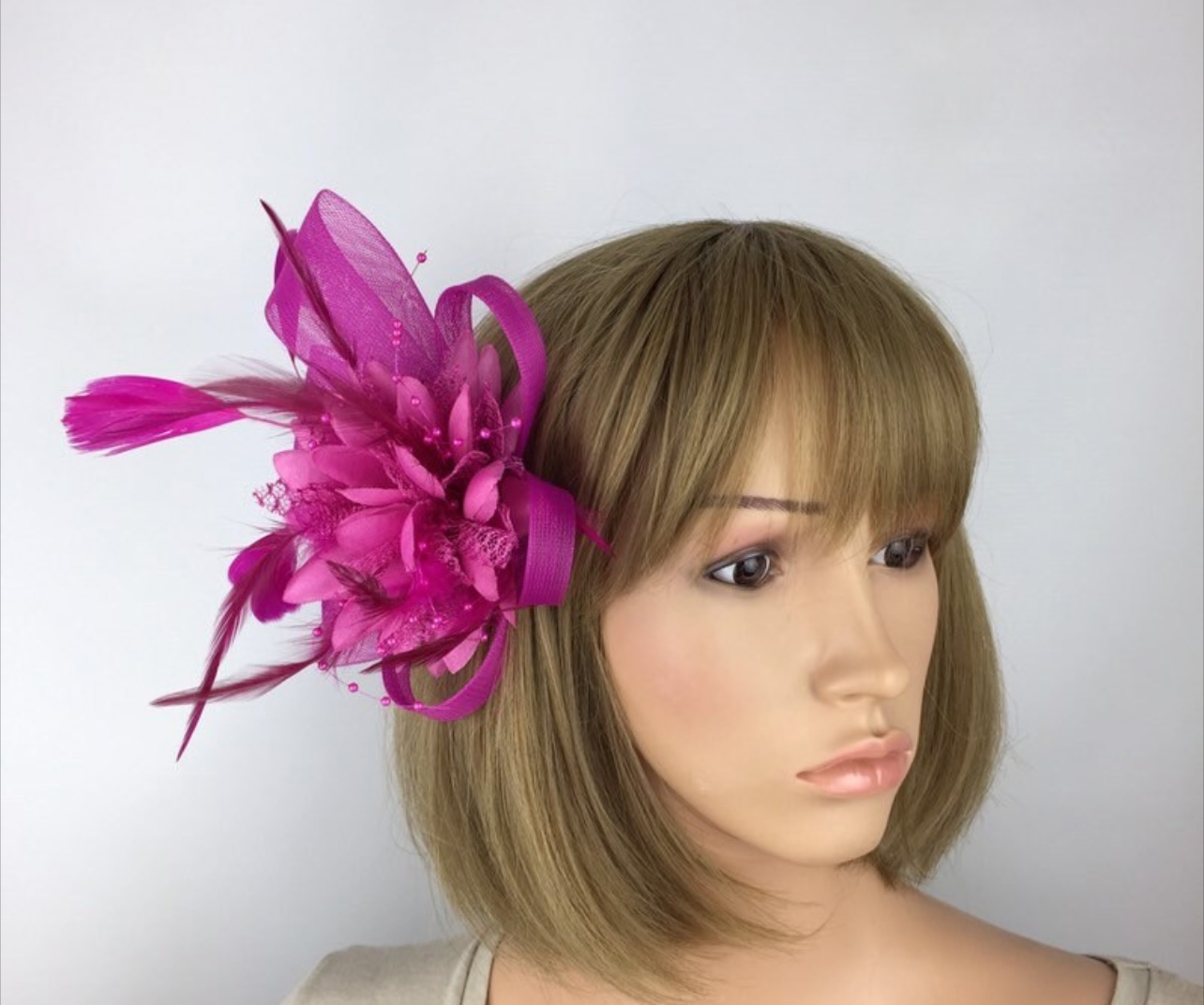 Fuchsia Pink Fascinator with Beaded Flower & Feathers - Image 2