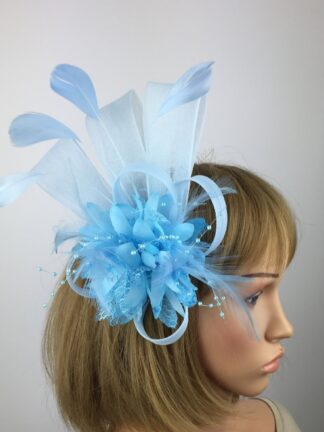 Light Blue Fascinator Blue Crin Flower Feathers and Beads