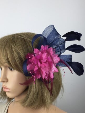 Navy Blue & Fuchsia Pink Fascinator with Beaded Flower & Feathers