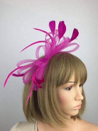 Fuchsia Pink Bow Fascinator with Loops and Feathers