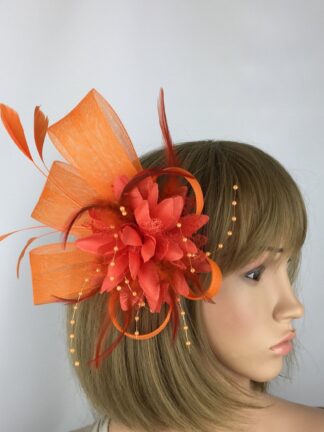 Orange Beaded Flower Fascinator with Feathers