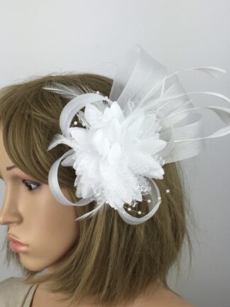 White Fascinator White Crin Flower, Feathers and Beads