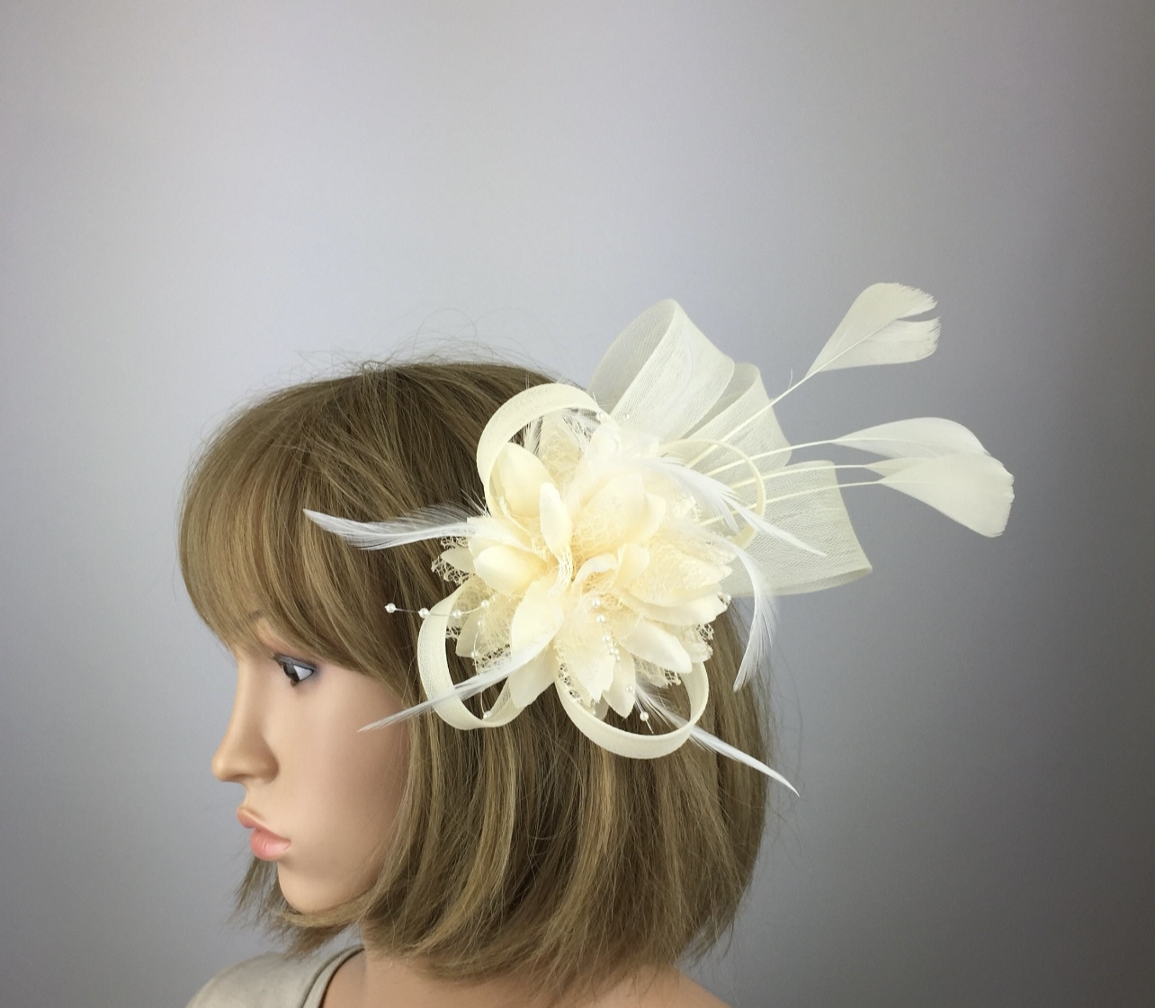 Ivory Cream Fascinator with Beaded Flower, Feathers & Crinoline