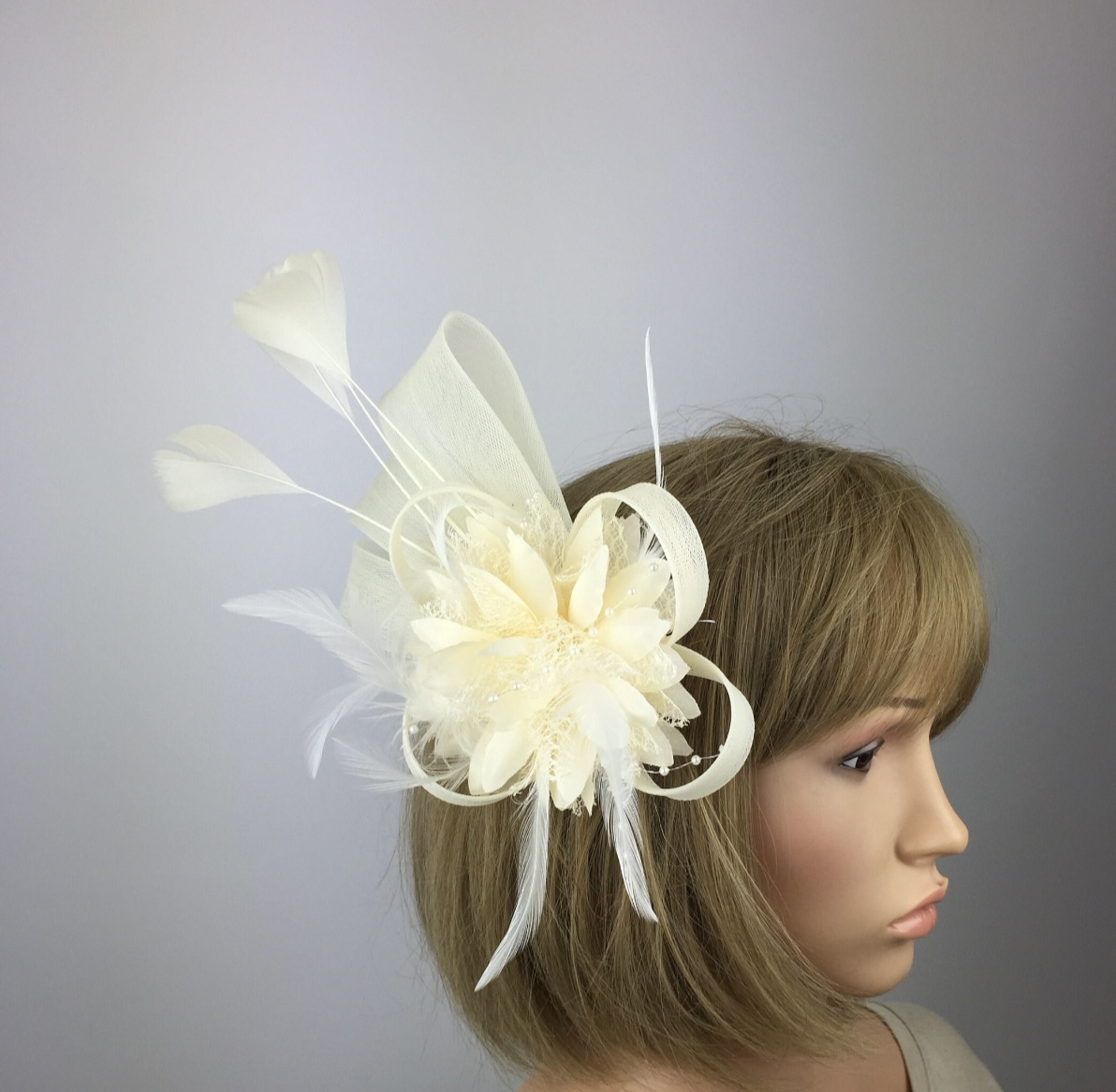 Ivory Cream Fascinator with Beaded Flower, Feathers & Crinoline - Image 2
