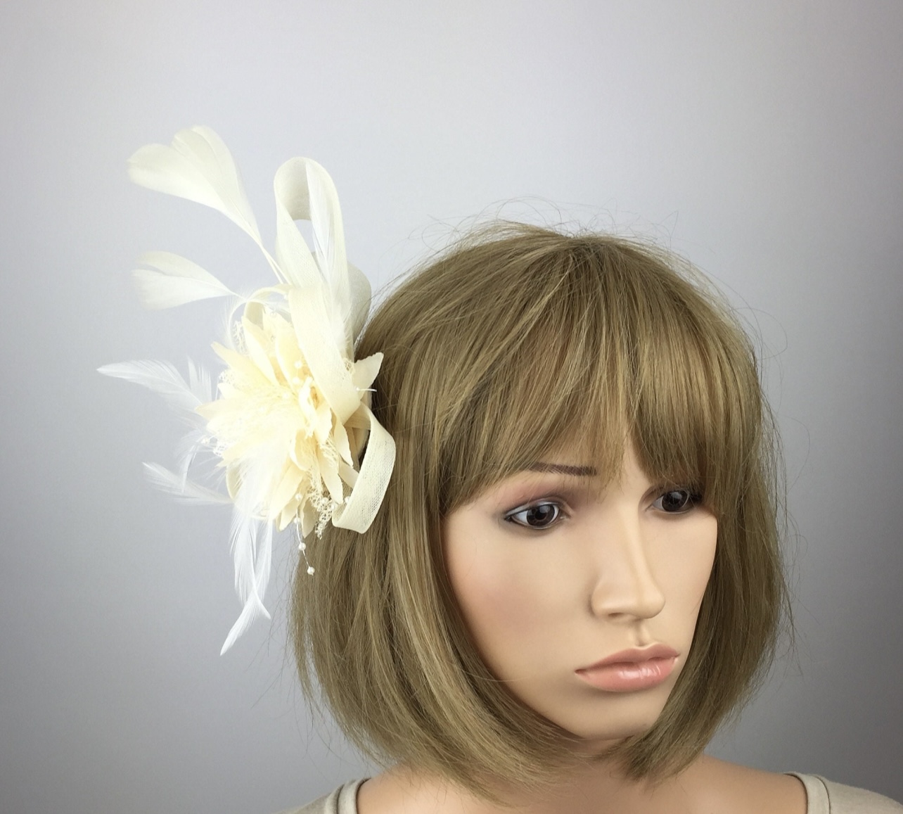 Ivory Cream Fascinator with Beaded Flower, Feathers & Crinoline - Image 5