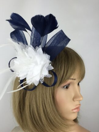 Elegant Navy Blue & White Beaded Flower Fascinator