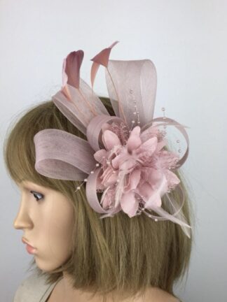 Blush Pink Beaded Flower Fascinator with Feathers