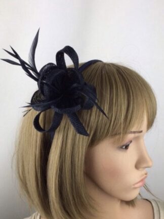 Navy Blue Fascinator Sinamay Flower with Biot Feathers