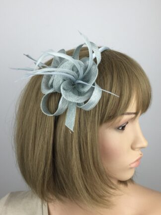 Ice Blue Grey Sinamay Flower Fascinator with Biot Feathers