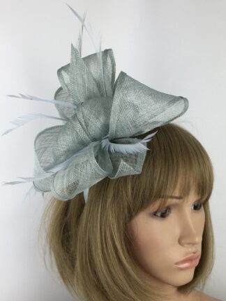 Grey Blue Fascinator - Large Sinamay Bow with biots