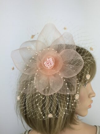 Peach Nude Fascinator - Floral Net and Bead